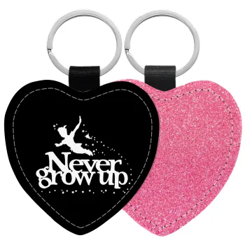 Peter pan, Never Grow UP, Μπρελόκ PU δερμάτινο glitter καρδιά ΡΟΖ