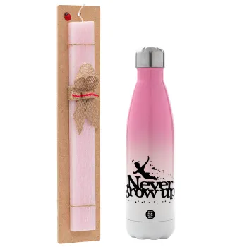 Peter pan, Never Grow UP, Easter Set, Metallic pink/white (Stainless steel) thermos, double-walled, 500ml & aromatic flat Easter candle (30cm) (PINK)