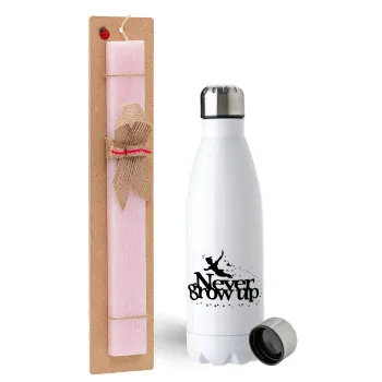 Peter pan, Never Grow UP, Easter Set, metallic stainless steel water bottle (750ml) & scented flat Easter candle (30cm) (PINK)