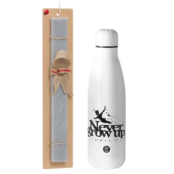 Peter pan, Never Grow UP, Πασχαλινή Λαμπάδα με μεταλλικό παγούρι θερμός ανοξείδωτο (500ml) & κερί αρωματικό πλακέ (30cm) (ΓΚΡΙ)