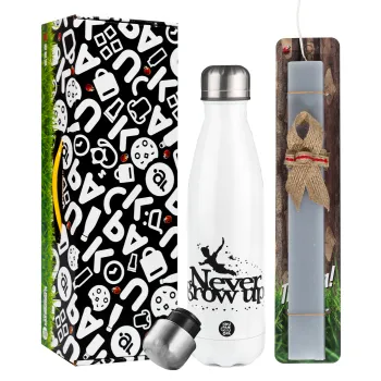 Peter pan, Never Grow UP, Πασχαλινή Λαμπάδα με μεταλλικό παγούρι θερμός λευκός (500ml) & λαμπάδα αρωματική πλακέ (30cm) (ΓΚΡΙ)