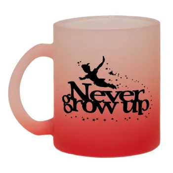 Peter pan, Never Grow UP, Κούπα γυάλινη δίχρωμη με βάση το κόκκινο ματ, 330ml