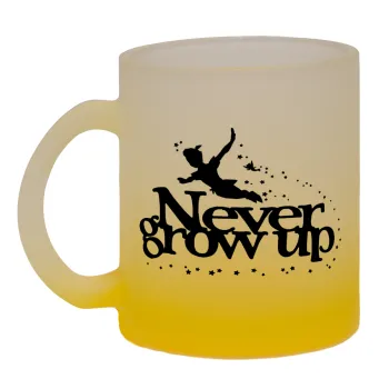Peter pan, Never Grow UP, Κούπα γυάλινη δίχρωμη με βάση το κίτρινο ματ, 330ml