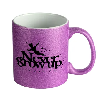 Peter pan, Never Grow UP, Κούπα Μωβ Glitter που γυαλίζει, κεραμική, 330ml
