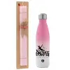 Easter Set, Metallic pink/white (Stainless steel) thermos, double-walled, 500ml & aromatic flat Easter candle (30cm) (PINK)