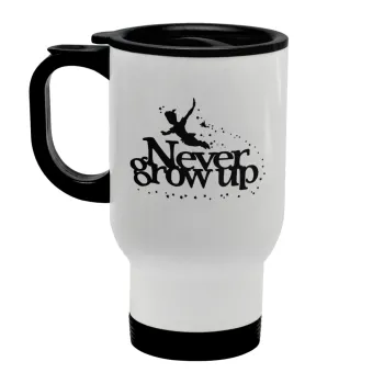 Peter pan, Never Grow UP, Stainless steel travel mug with lid, double wall white 450ml