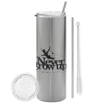 Peter pan, Never Grow UP, Tumbler ποτήρι θερμό Ασημένιο από ανοξείδωτο ατσάλι 600ml, με μεταλλικό καλαμάκι & βούρτσα καθαρισμού