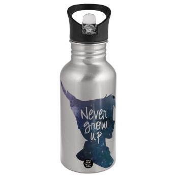 Never Grow UP, Water bottle Silver with straw, stainless steel 500ml