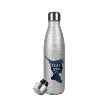Never Grow UP, Μεταλλικό παγούρι θερμός Glitter Aσημένιο (Stainless steel), διπλού τοιχώματος, 500ml