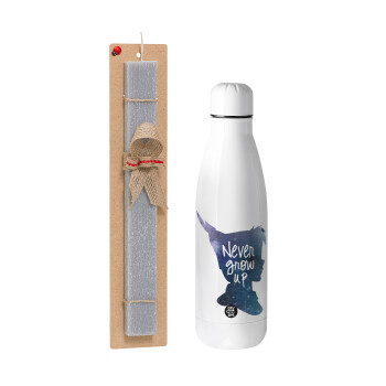 Never Grow UP, Easter Set, metallic stainless thermos bottle (500ml) & scented flat Easter candle (30cm) (GRAY)