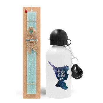 Never Grow UP, Easter Set, metallic aluminum water bottle (500ml) & scented flat candle (30cm) (TURQUOISE)