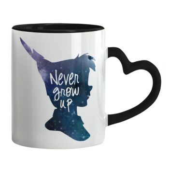 Never Grow UP, Mug heart black handle, ceramic, 330ml