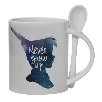 Never Grow UP, Ceramic coffee mug with Spoon, 330ml (1pcs)