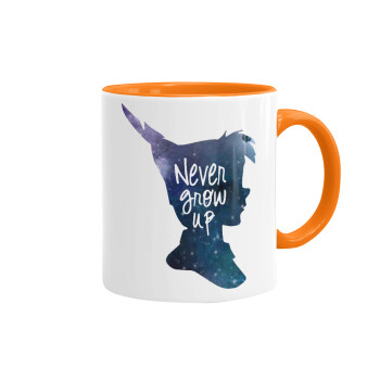 Never Grow UP, Mug colored orange, ceramic, 330ml