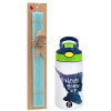 Easter Set, Children's thermal stainless steel bottle with safety straw, green/blue (350ml) & aromatic flat Easter candle (30cm) (TURQUOISE)