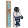 Easter Set, metallic silver aluminum water bottle (500ml) & scented flat Easter candle (30cm) (TURQUOISE)