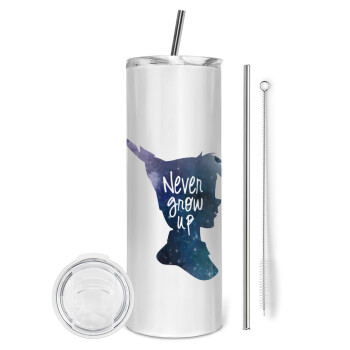 Never Grow UP, Eco friendly stainless steel tumbler 600ml, with metal straw & cleaning brush