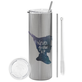 Never Grow UP, Eco friendly stainless steel Silver tumbler 600ml, with metal straw & cleaning brush