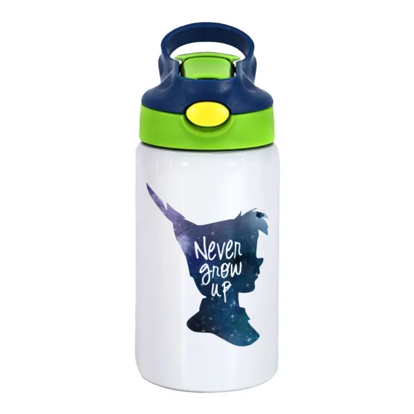 Never Grow UP — Children's hot water bottle, stainless steel, with safety straw, green, blue (350ml)