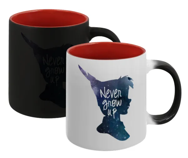 Never Grow UP — Magic mug with red interior, ceramic, 330ml, changes colour with hot drinks
