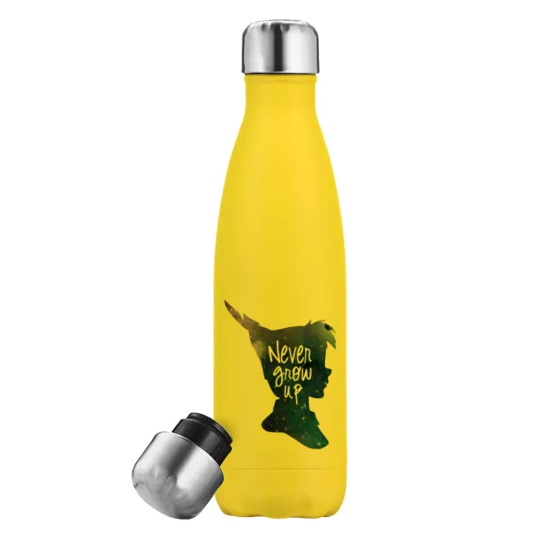 Never Grow UP — Μεταλλικό παγούρι θερμός Κίτρινος (Stainless steel), διπλού τοιχώματος, 500ml