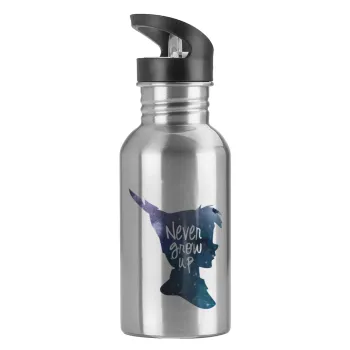 Never Grow UP, Water bottle Silver with straw, stainless steel 600ml