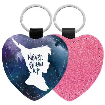 Never Grow UP, Μπρελόκ PU δερμάτινο glitter καρδιά ΡΟΖ