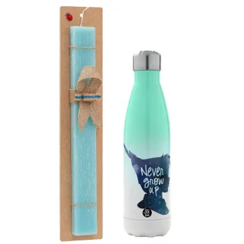 Never Grow UP, Easter Set, Metallic green/white thermos (Stainless steel), double-walled, 500ml & scented flat Easter candle (30cm) (TURQUOISE)