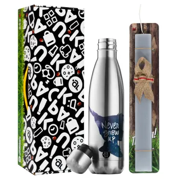 Never Grow UP, Easter Set, metallic stainless thermos flask (500ml) & scented flat Easter candle (30cm) (GRAY)