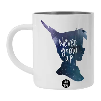 Never Grow UP, Λευκή Ανοξείδωτη Μεταλλική Κούπα 450ml - Διπλού Τοιχώματος 