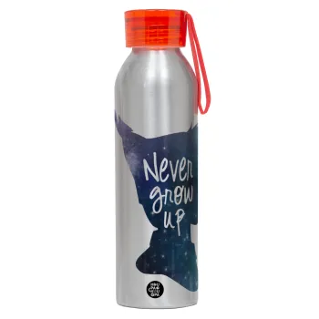 Never Grow UP, Αλουμινένιο Αθλητικό Μπουκάλι 650ml – Ασημί με Κόκκινο Καπάκι και Λουράκι Σιλικόνης