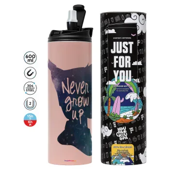 Never Grow UP, Tumbler ποτήρι θερμό ΡΟΖ από ανοξείδωτο ατσάλι 600ml