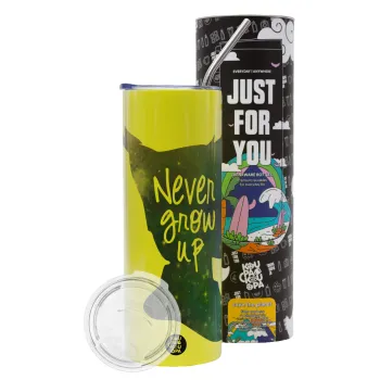 Never Grow UP, Neon Yellow Travel Tumbler θερμό, μεταλλικό καλαμάκι(Ανωξείδωτο 304 Food grade, BPA free, 600ml)