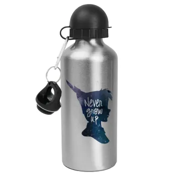 Never Grow UP, Μεταλλικό παγούρι νερού, Ασημένιο, αλουμινίου 500ml