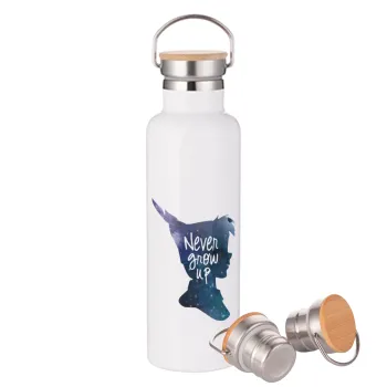 Never Grow UP, Stainless steel White with wooden lid (bamboo), double wall, 750ml