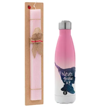 Never Grow UP, Easter Set, Metallic pink/white (Stainless steel) thermos, double-walled, 500ml & aromatic flat Easter candle (30cm) (PINK)