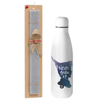 Never Grow UP, Πασχαλινή Λαμπάδα με μεταλλικό παγούρι θερμός ανοξείδωτο (500ml) & κερί αρωματικό πλακέ (30cm) (ΓΚΡΙ)