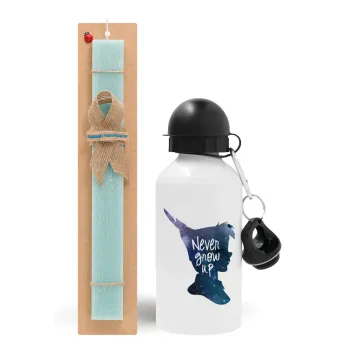 Never Grow UP, Easter Set, metallic aluminum water bottle (500ml) & scented flat candle (30cm) (TURQUOISE)