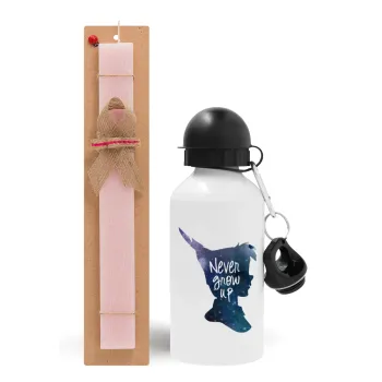 Never Grow UP, Πασχαλινή Λαμπάδα με παγούρι μεταλλικό αλουμινίου (500ml) & κερί αρωματικό πλακέ (30cm) (ΡΟΖ)