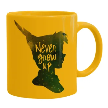 Never Grow UP, Ceramic coffee mug yellow, 330ml