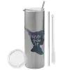 Tumbler ποτήρι θερμό Ασημένιο από ανοξείδωτο ατσάλι 600ml, με μεταλλικό καλαμάκι & βούρτσα καθαρισμού