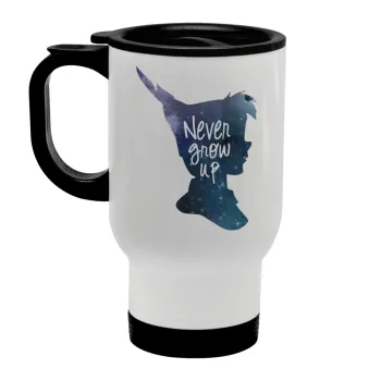 Never Grow UP, Stainless steel travel mug with lid, double wall white 450ml