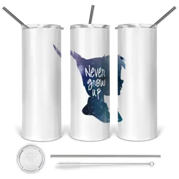 Never Grow UP, Tumbler ποτήρι θερμό από ανοξείδωτο ατσάλι 600ml, με μεταλλικό καλαμάκι & βούρτσα καθαρισμού