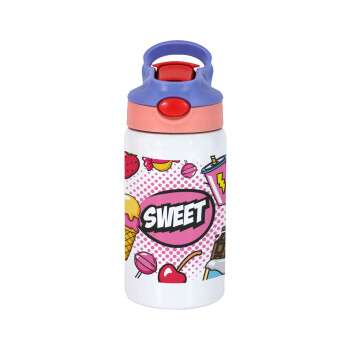 SWEET, Children's hot water bottle, stainless steel, with safety straw, pink/purple (350ml)