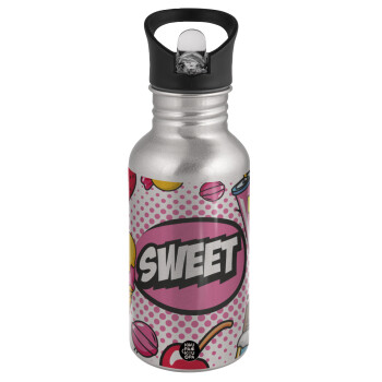 SWEET, Water bottle Silver with straw, stainless steel 500ml