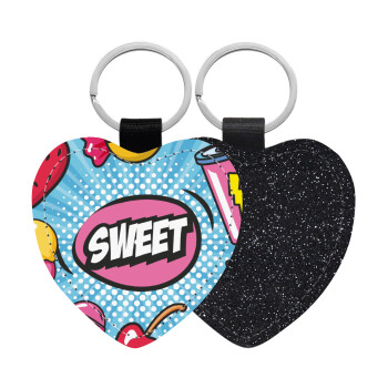 SWEET, Μπρελόκ PU δερμάτινο glitter καρδιά ΜΑΥΡΟ