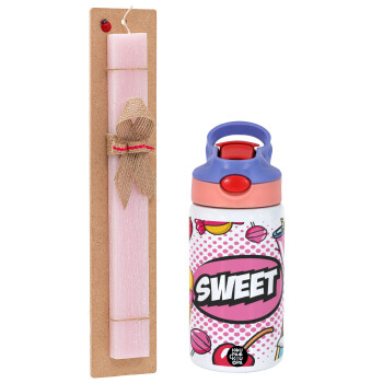 SWEET, Πασχαλινό Σετ, Παιδικό παγούρι θερμό, ανοξείδωτο, με καλαμάκι ασφαλείας, ροζ/μωβ (350ml) & πασχαλινή λαμπάδα αρωματική πλακέ (30cm) (ΡΟΖ)