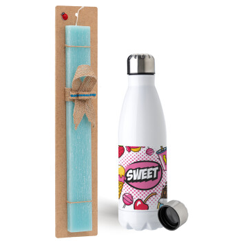 SWEET, Easter Set, metallic stainless steel water bottle (750ml) & aromatic flat Easter candle (30cm) (TURQUOISE)