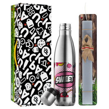 SWEET, Easter Set, metallic stainless thermos flask (500ml) & scented flat Easter candle (30cm) (GRAY)
