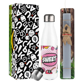 SWEET, Easter candle, metallic white thermos bottle (500ml) & aromatic flat candle (30cm) (GRAY)